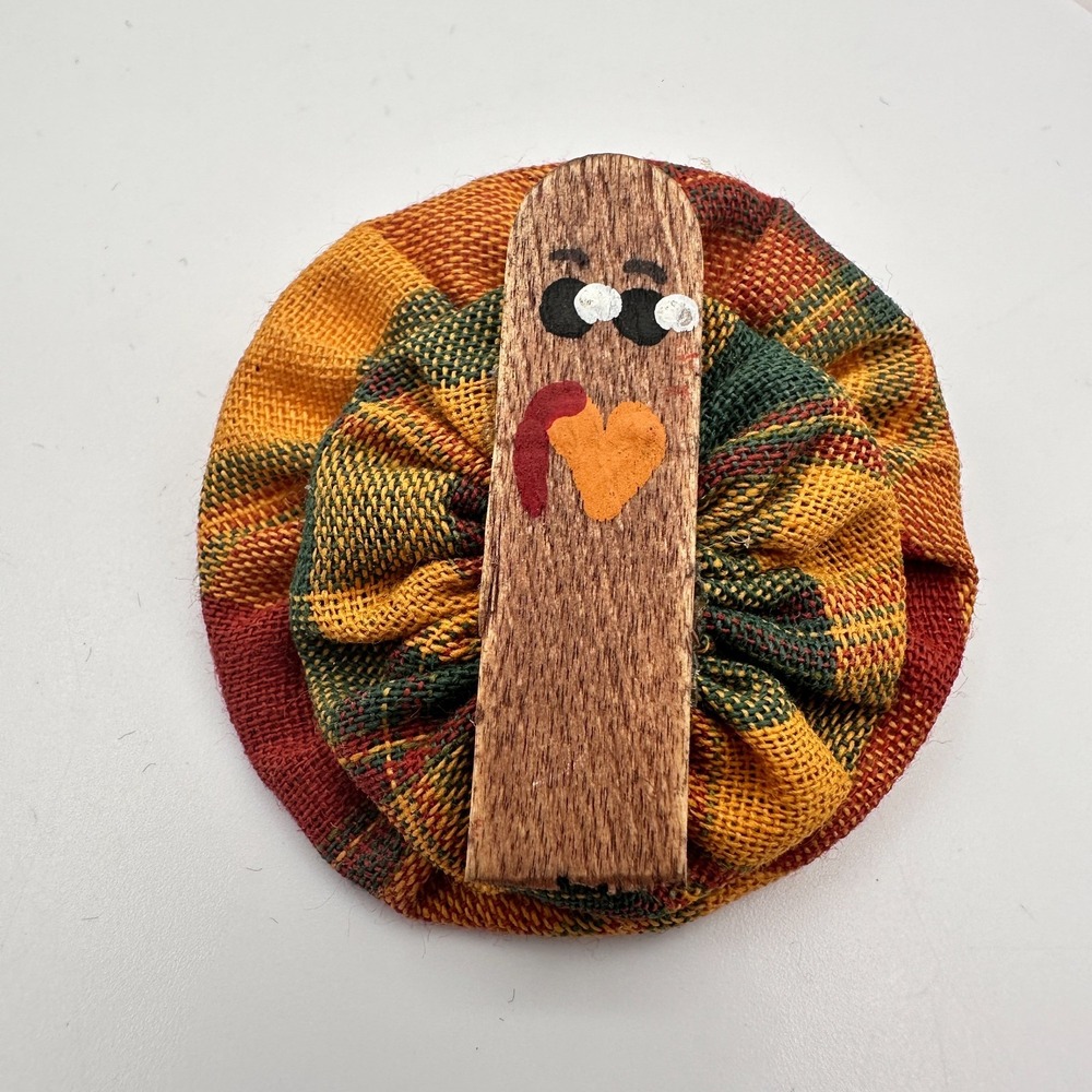Vintage 90s Handmade Turkey Brooch Fabric Plaid Wood Thanksgiving Fall Pin 90s